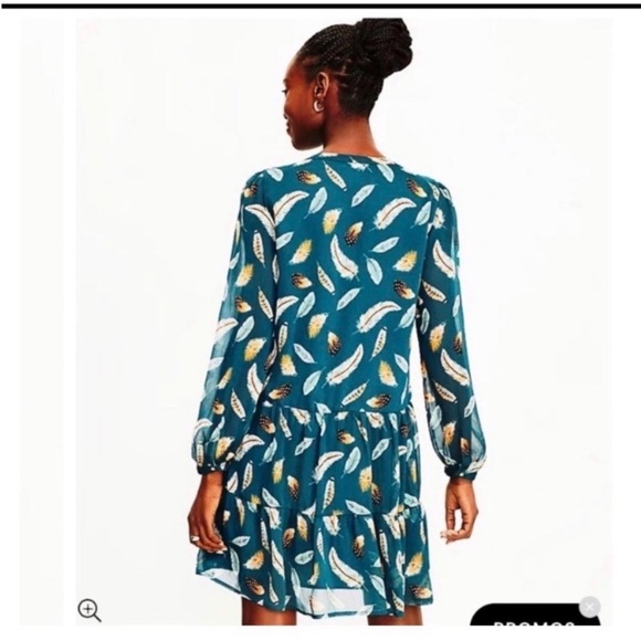LOFT Teal Feather Print Babydoll Dress - Picture 5 of 10